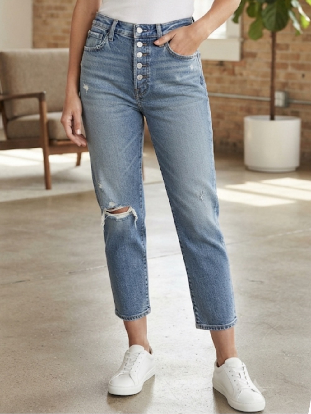 AVEC LES FILLES High Waisted Cropped Jeans Exposed Button Fly Size 28